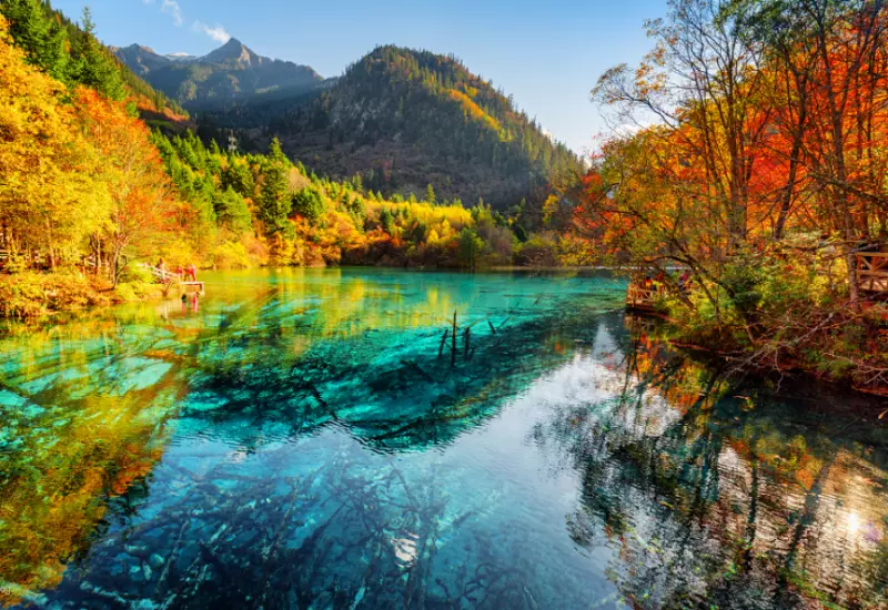 ทะเลสาบสีฟ้าใสในอุทยานแห่งชาติจิ่วจ้ายโกว ประเทศจีน